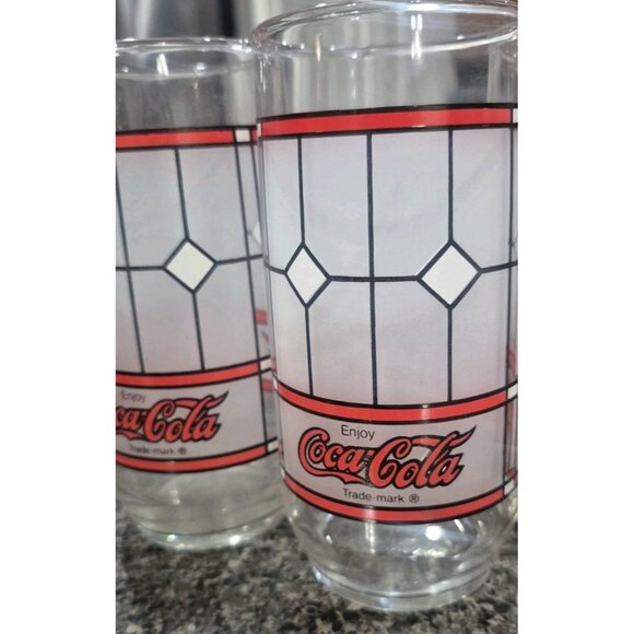 Set of 3 Vintage Coca-Cola Coke Drinking Glasses Tiffany Style Frosted - Picture 2 of 7